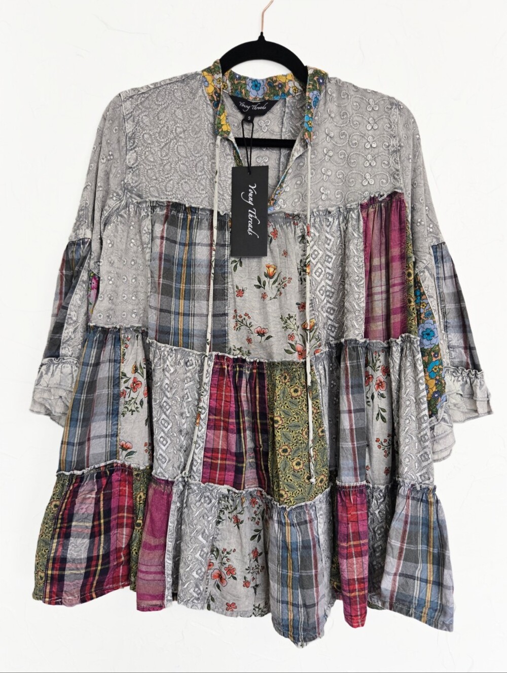 NWT Young Threads Patchwork Colorful Festival Boho Top, S